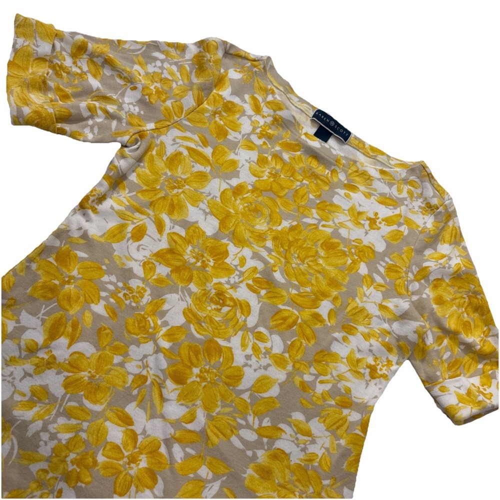 Karen Scott Floral Yellow & Grey Boat Neck Tee 1/2 Sleeve Women's MEDIUM‎